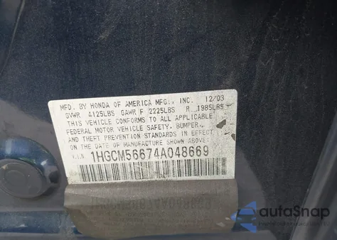 2004 Honda Accord 2.4 Ex из США, поврежденный, VIN 1HGCM56674A048669